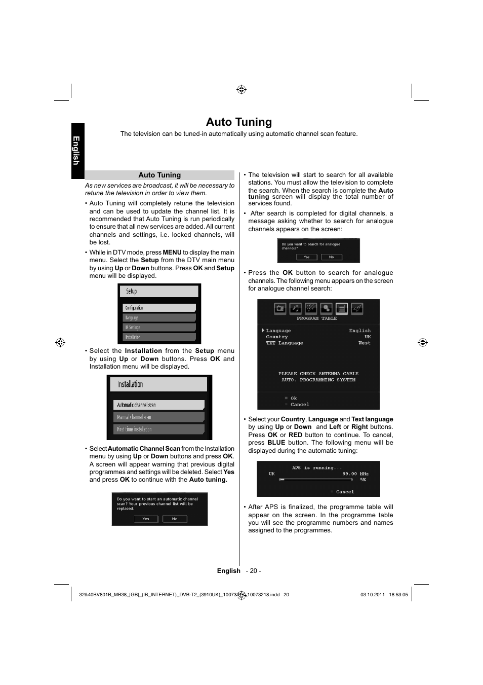 Auto tuning, English | Toshiba BV801 User Manual | Page 20 / 45