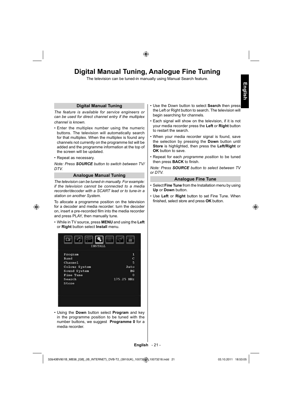 Digital manual tuning, analogue fine tuning, English | Toshiba BV801 User Manual | Page 21 / 45