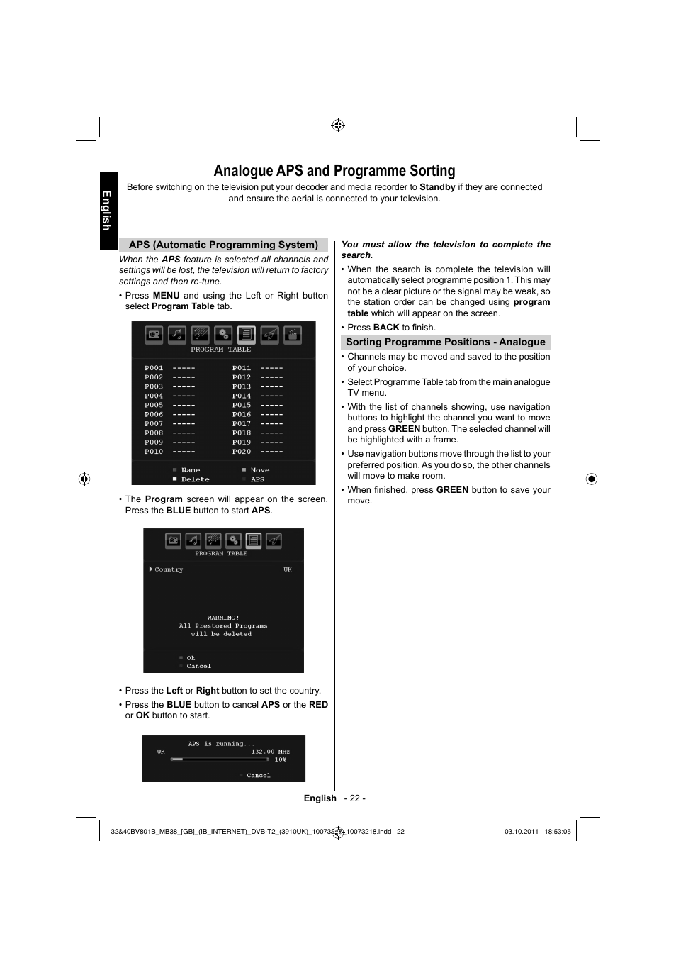 Analogue aps and programme sorting, English | Toshiba BV801 User Manual | Page 22 / 45