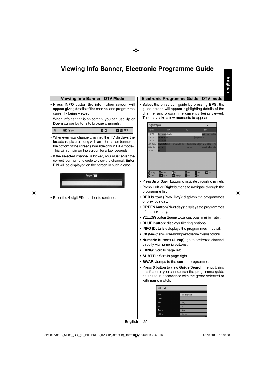 Viewing info banner, electronic programme guide, English | Toshiba BV801 User Manual | Page 25 / 45