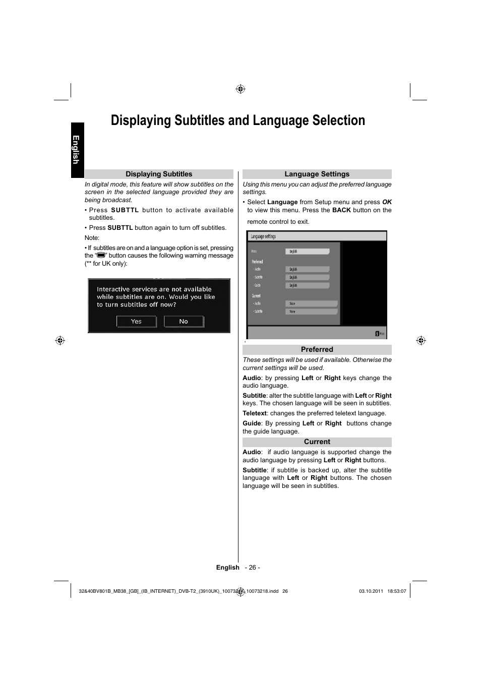 Displaying subtitles and language selection | Toshiba BV801 User Manual | Page 26 / 45