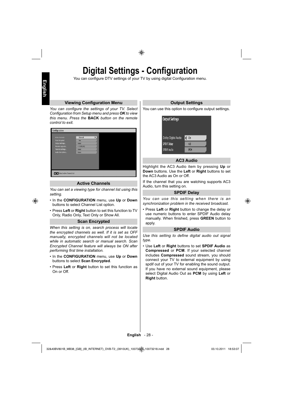 Digital settings - confi guration | Toshiba BV801 User Manual | Page 28 / 45