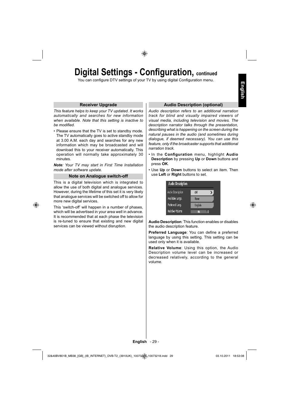 Digital settings - confi guration, Continued | Toshiba BV801 User Manual | Page 29 / 45