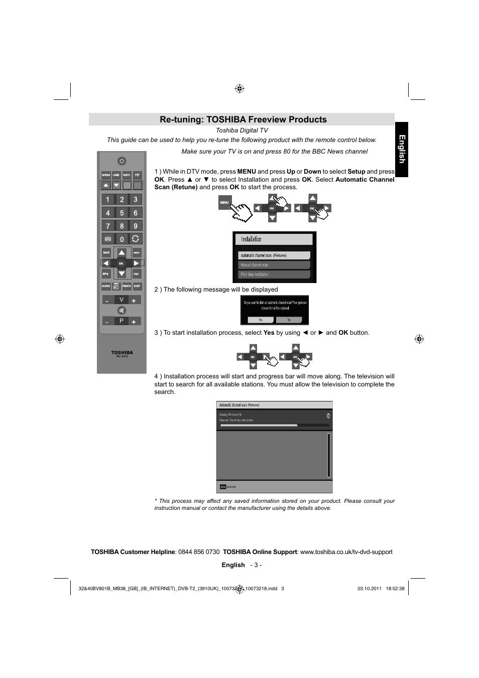 Re-tuning: toshiba freeview products, English, English - 3 | Toshiba BV801 User Manual | Page 3 / 45