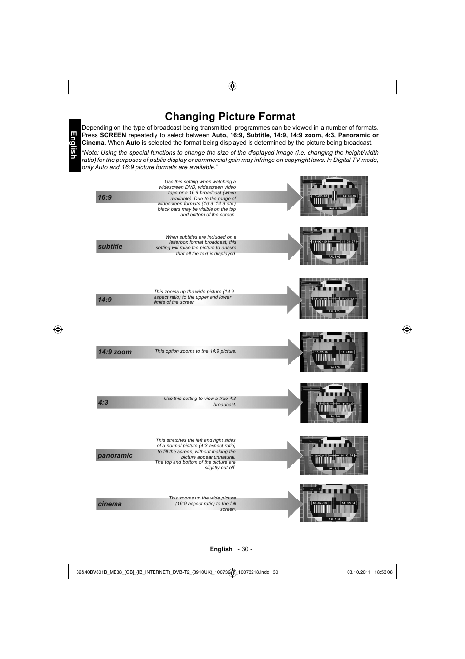 Changing picture format, English | Toshiba BV801 User Manual | Page 30 / 45