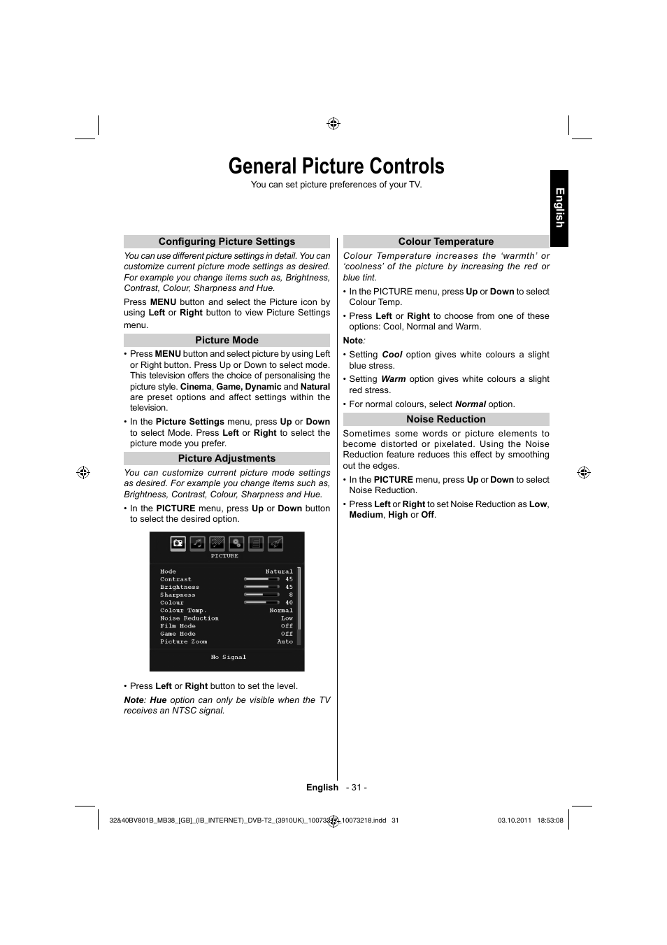 General picture controls, English | Toshiba BV801 User Manual | Page 31 / 45