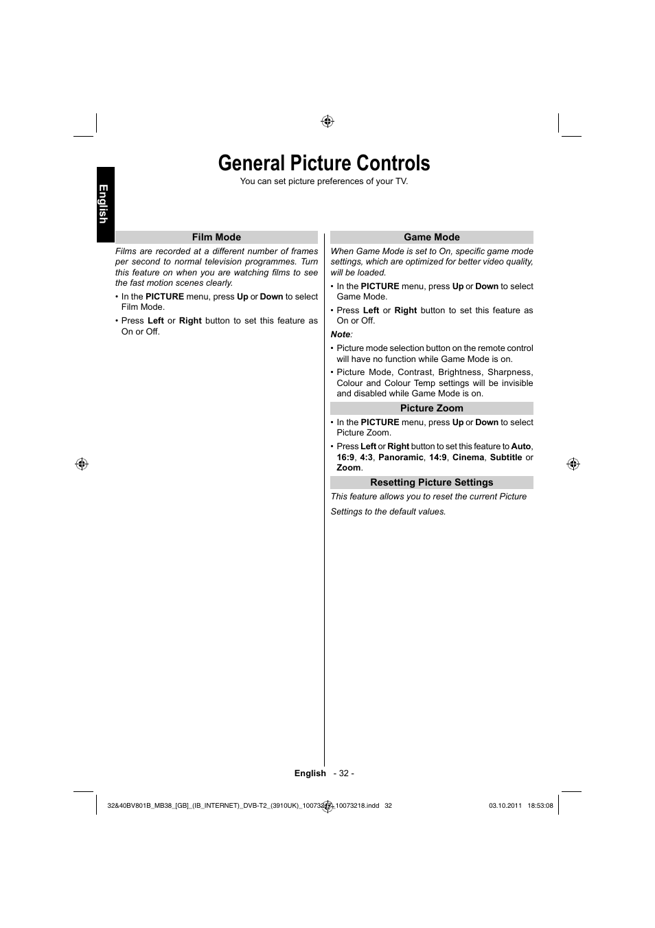 General picture controls, English | Toshiba BV801 User Manual | Page 32 / 45