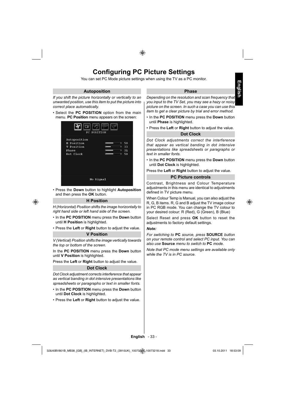 Confi guring pc picture settings, English | Toshiba BV801 User Manual | Page 33 / 45