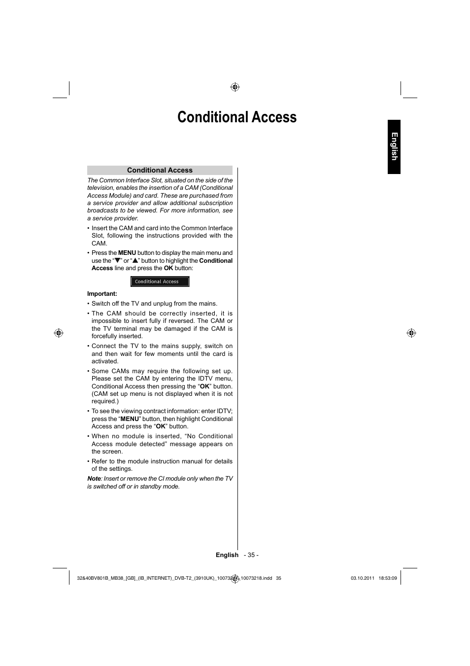 Conditional access, English | Toshiba BV801 User Manual | Page 35 / 45