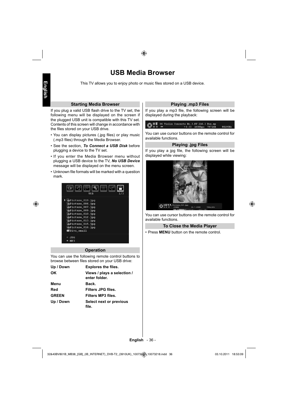 Usb media browser, English | Toshiba BV801 User Manual | Page 36 / 45