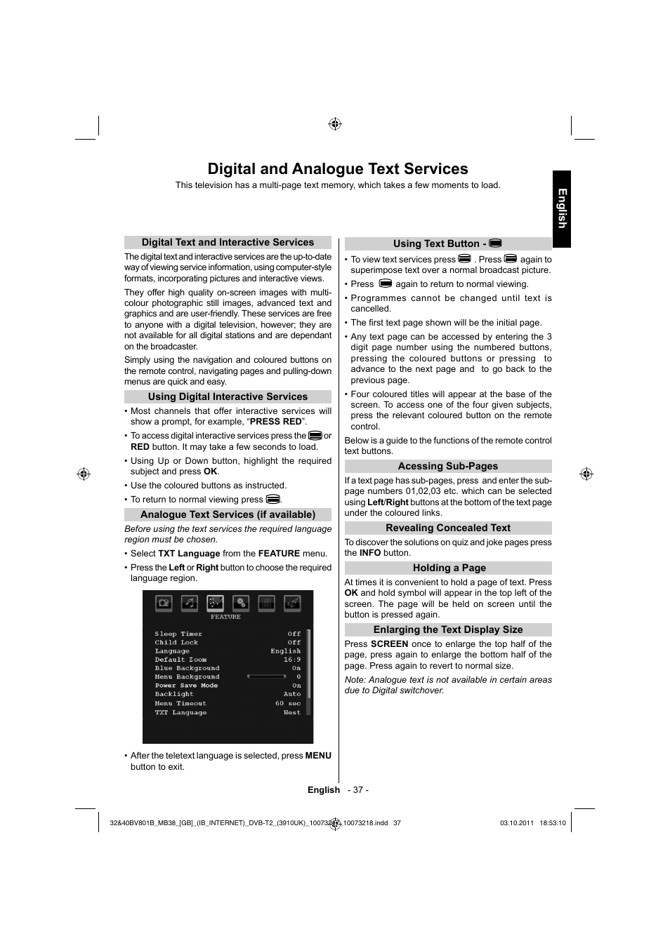 Digital and analogue text services, English | Toshiba BV801 User Manual | Page 37 / 45