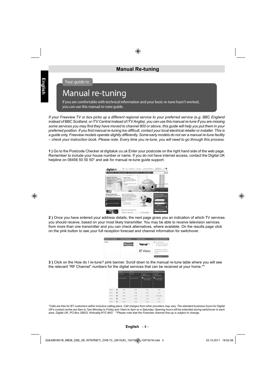 Manual re-tuning, English | Toshiba BV801 User Manual | Page 4 / 45