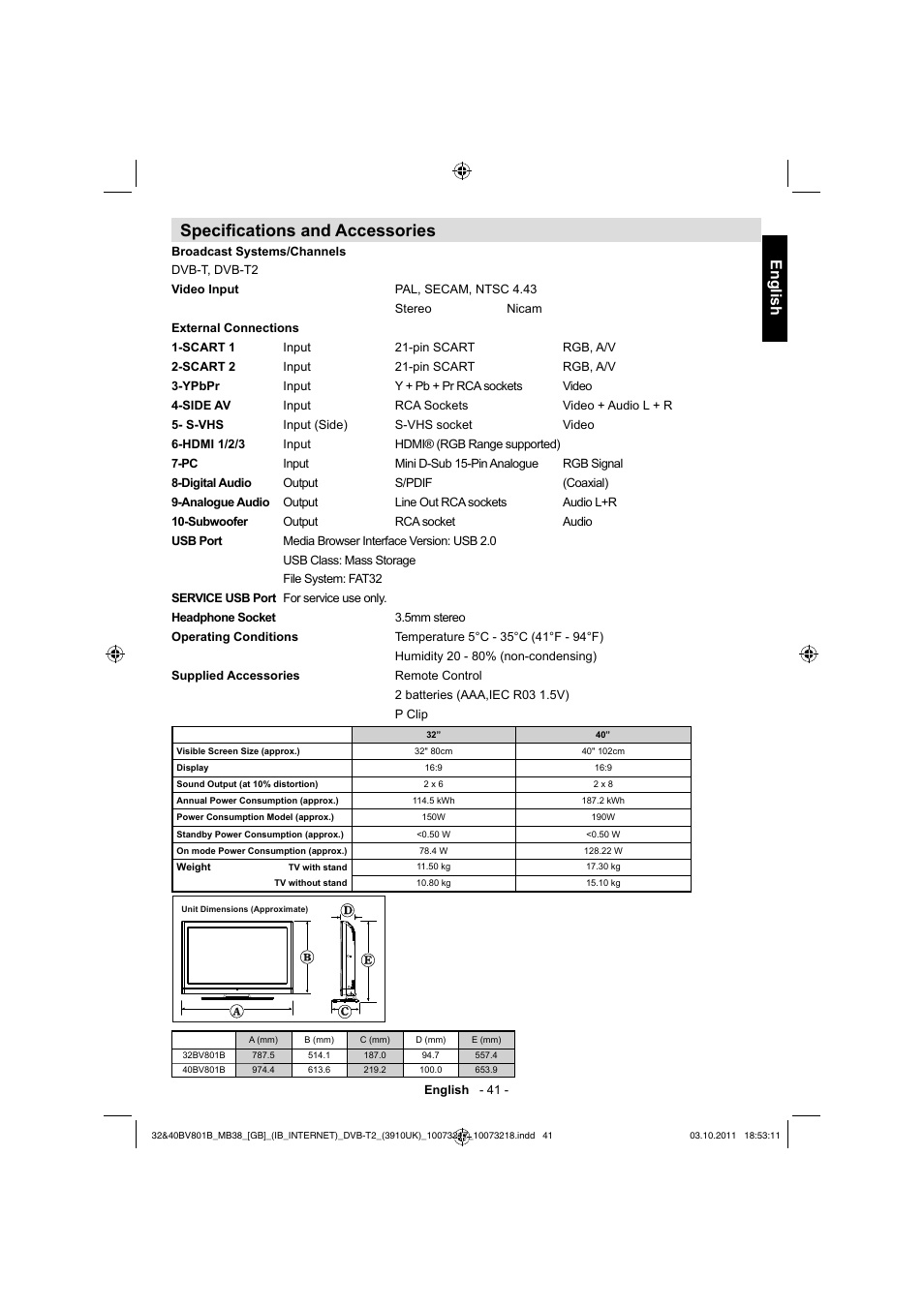 Specifi cations and accessories, English | Toshiba BV801 User Manual | Page 41 / 45