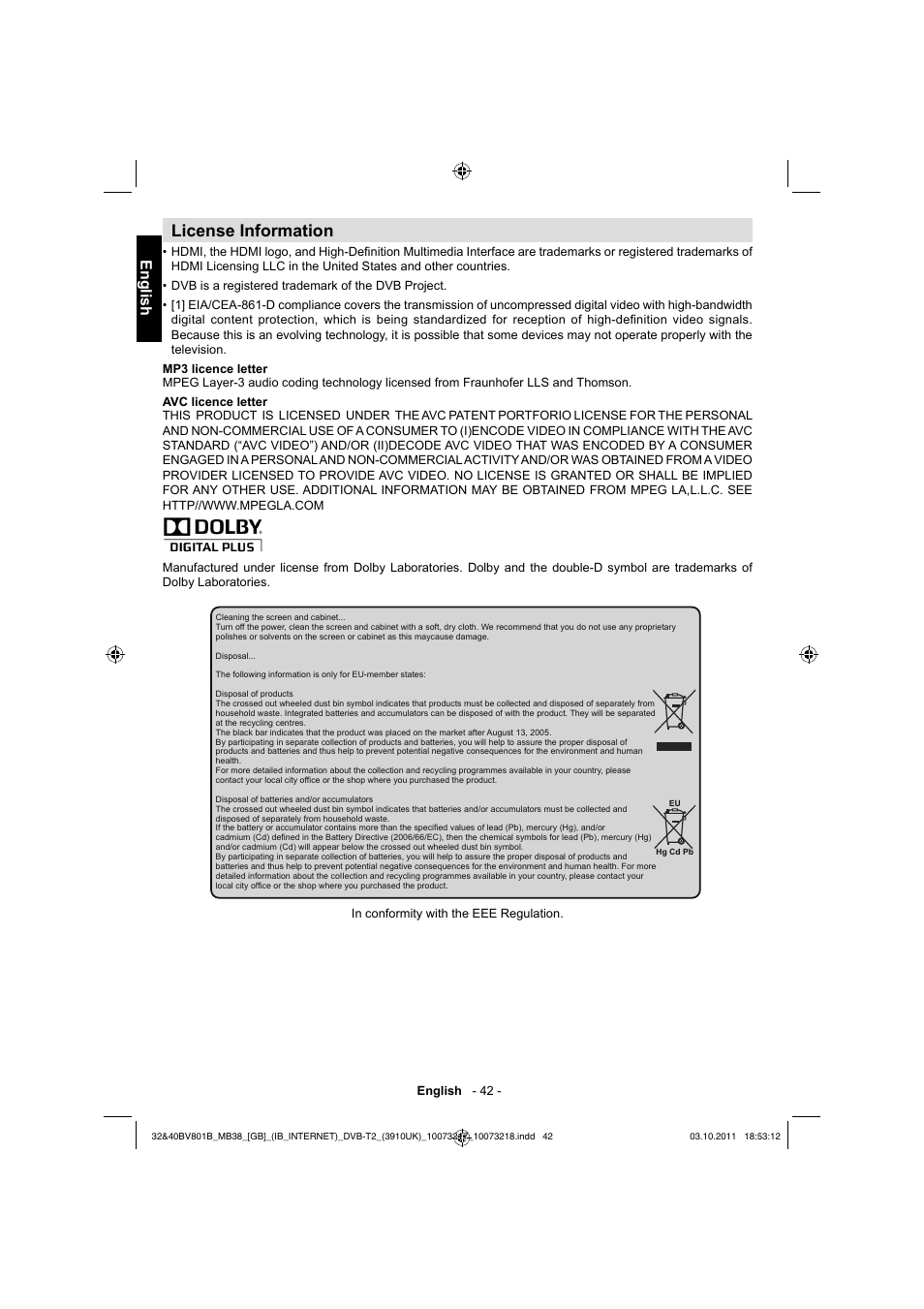 License information, English | Toshiba BV801 User Manual | Page 42 / 45