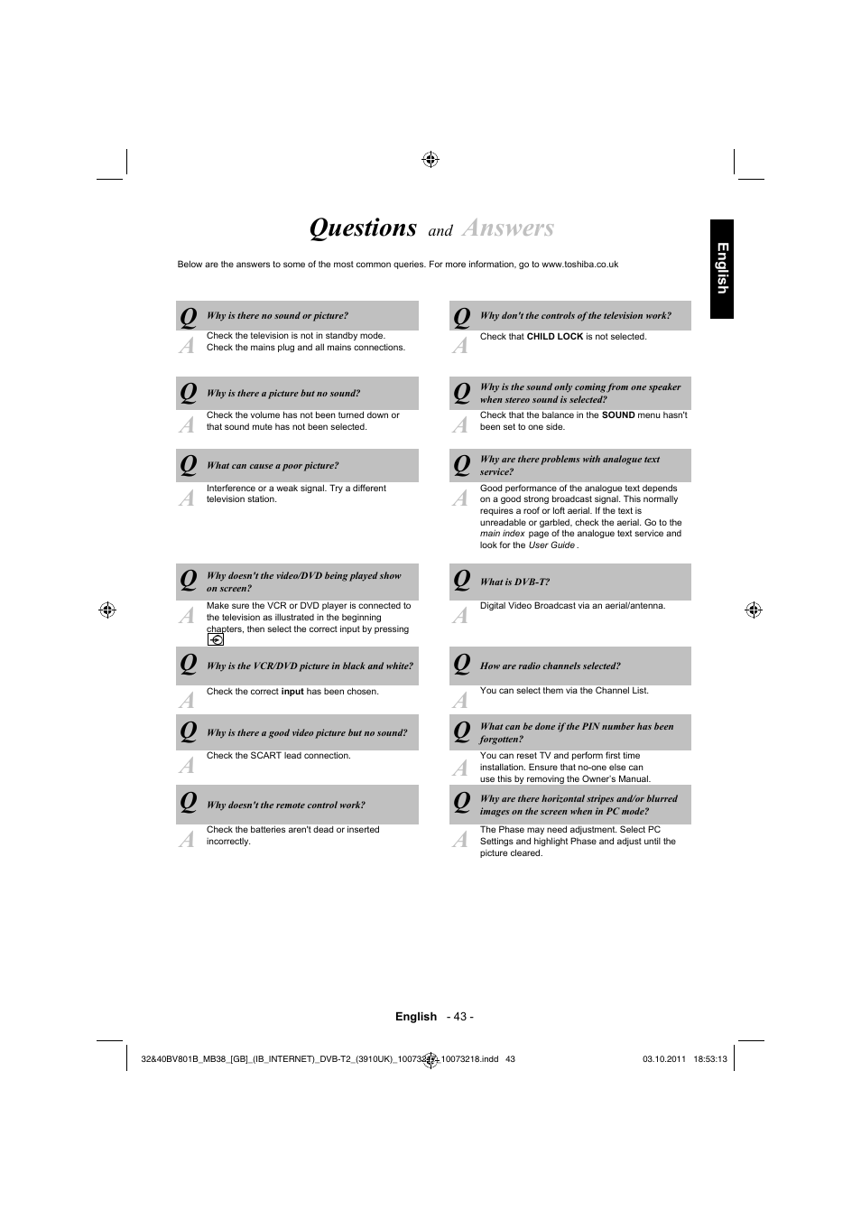 Questions, Answers | Toshiba BV801 User Manual | Page 43 / 45