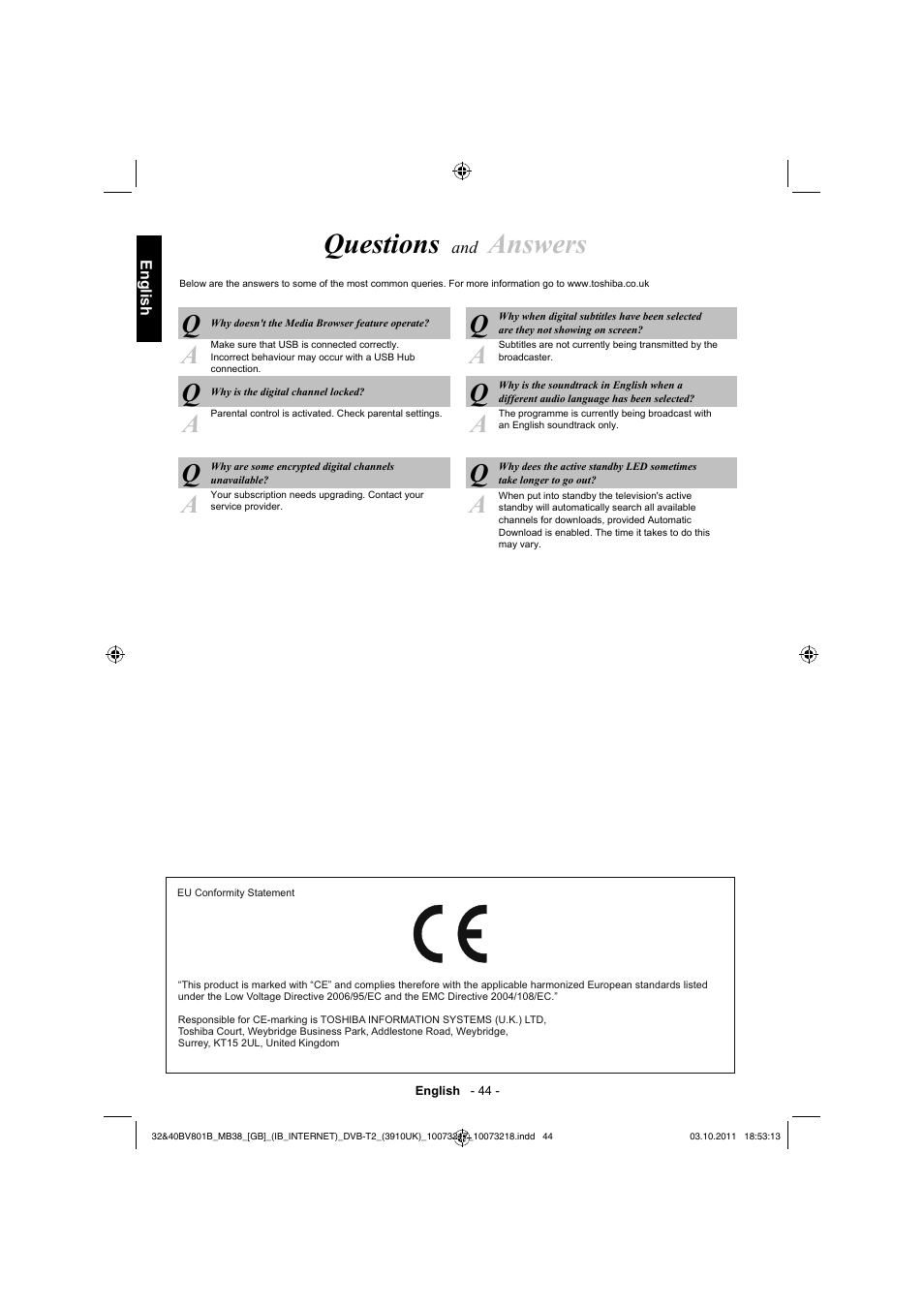 Questions, Answers | Toshiba BV801 User Manual | Page 44 / 45