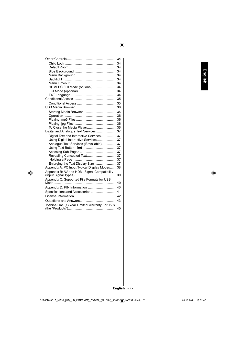 English | Toshiba BV801 User Manual | Page 7 / 45