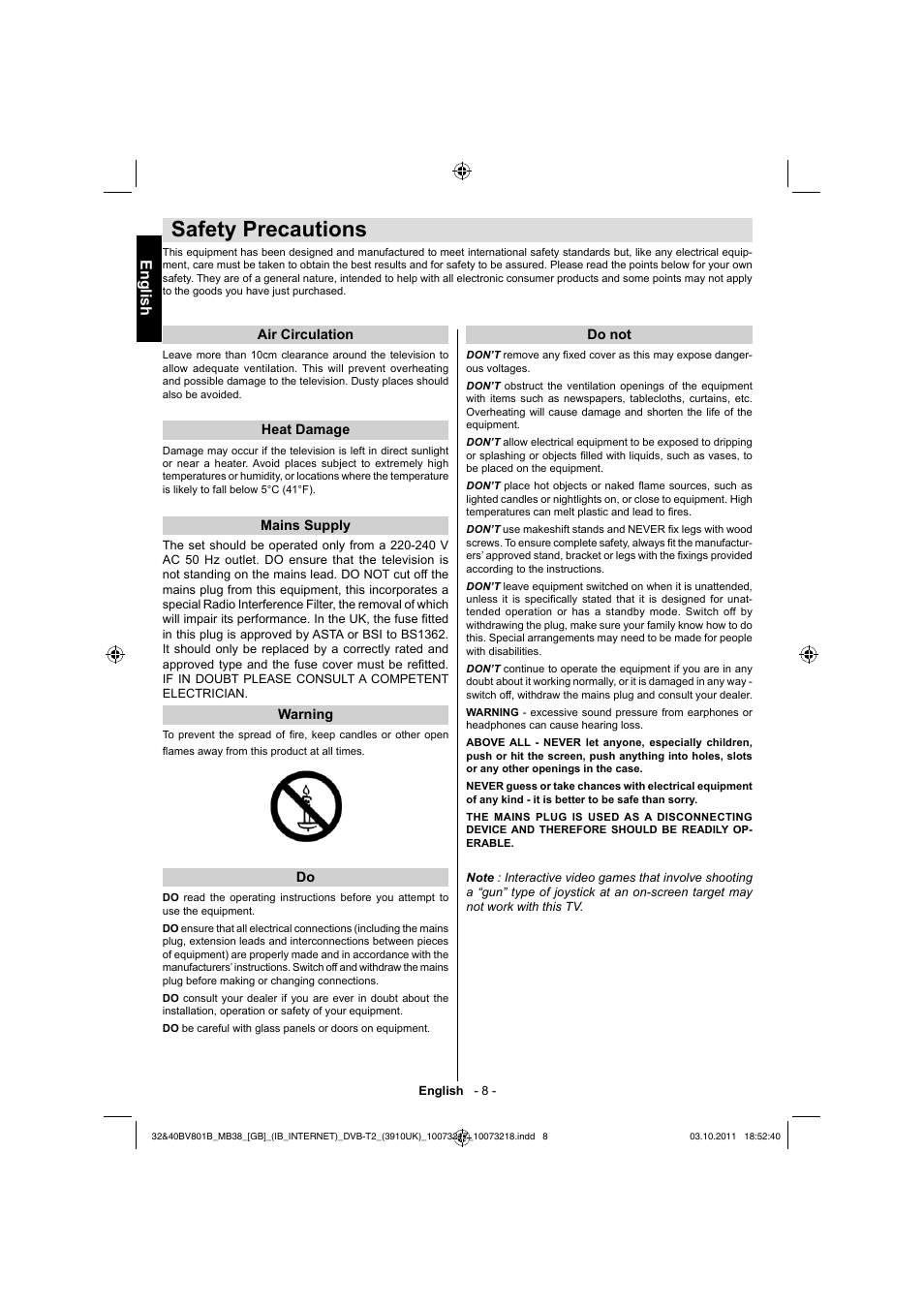 Safety precautions, English | Toshiba BV801 User Manual | Page 8 / 45