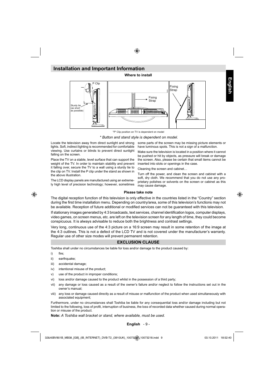 Installation and important information, English | Toshiba BV801 User Manual | Page 9 / 45