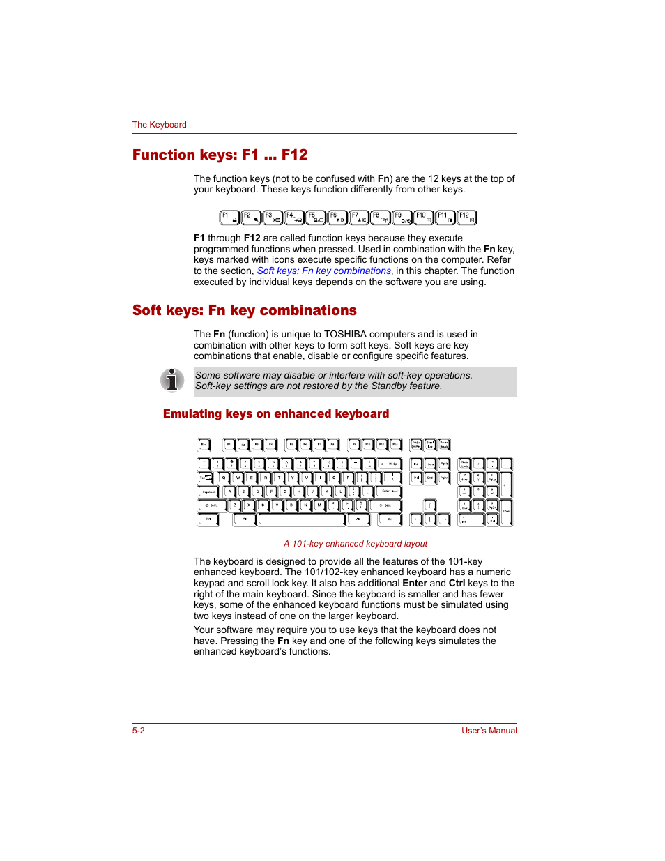 Function keys: f1 … f12, Soft keys: fn key combinations, Emulating keys on enhanced keyboard | Emulating keys on enhanced keyboard -2 | Toshiba Qosmio G20 (PQG20) User Manual | Page 100 / 264