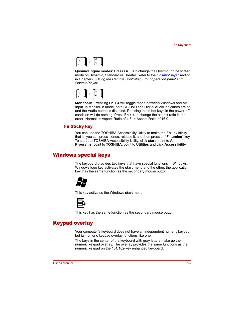 Fn sticky key, Windows special keys, Keypad overlay | Fn sticky key -7, Windows special keys -7 keypad overlay -7, Keypad, Overlay, Section in chapter | Toshiba Qosmio G20 (PQG20) User Manual | Page 105 / 264