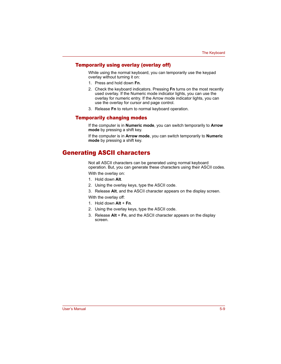 Temporarily using overlay (overlay off), Temporarily changing modes, Generating ascii characters | Generating ascii characters -9 | Toshiba Qosmio G20 (PQG20) User Manual | Page 107 / 264