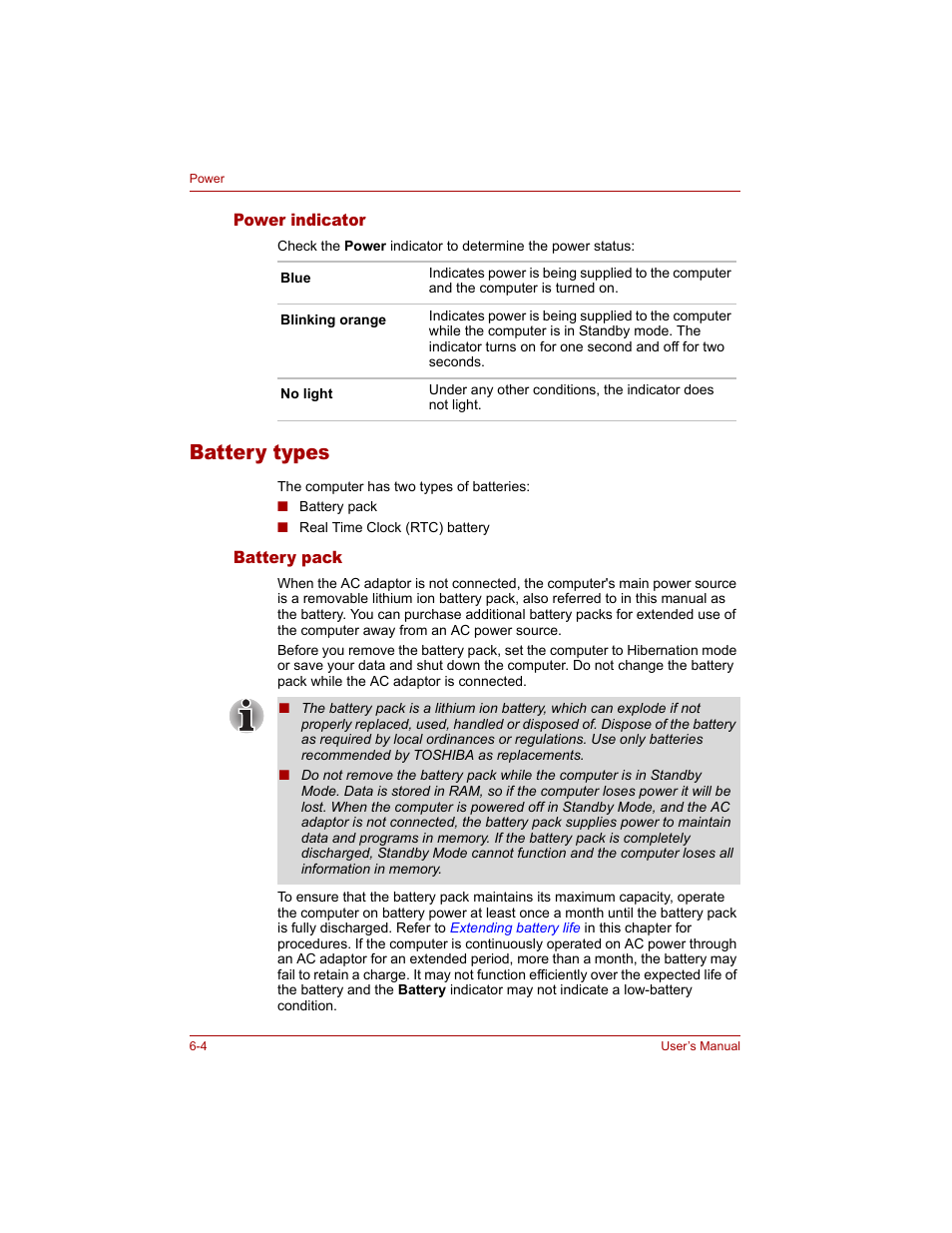 Power indicator, Battery types, Battery pack | Power indicator -4, Battery types -4, Battery pack -4 | Toshiba Qosmio G20 (PQG20) User Manual | Page 112 / 264