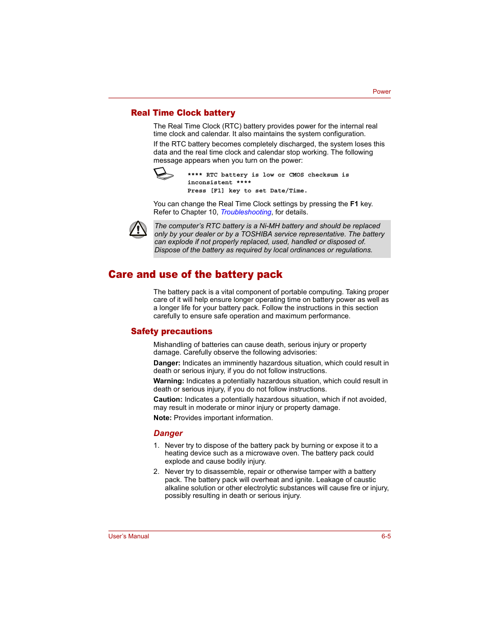 Real time clock battery, Care and use of the battery pack, Safety precautions | Real time clock battery -5, Care and use of the battery pack -5, Safety precautions -5 | Toshiba Qosmio G20 (PQG20) User Manual | Page 113 / 264