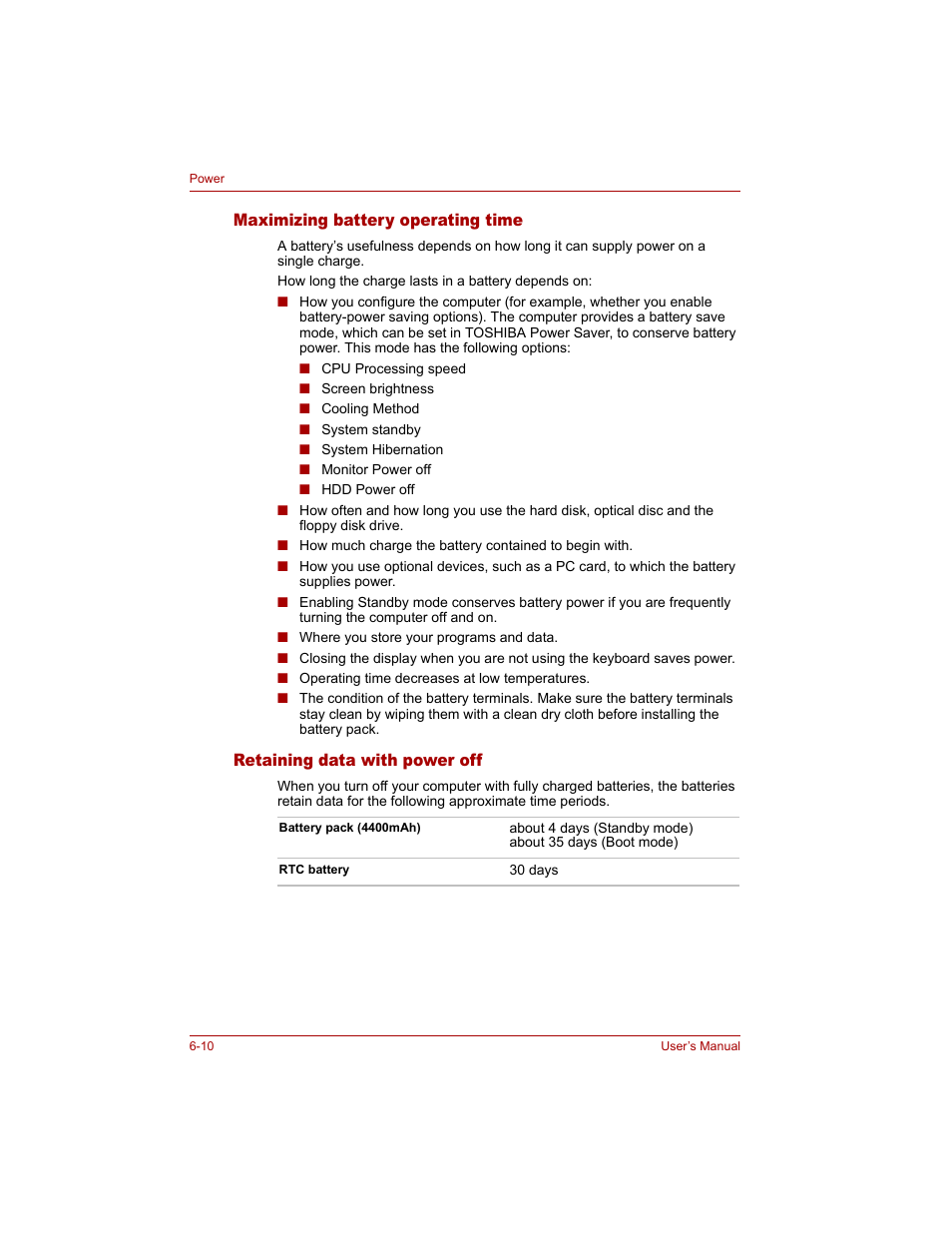 Maximizing battery operating time, Retaining data with power off | Toshiba Qosmio G20 (PQG20) User Manual | Page 118 / 264