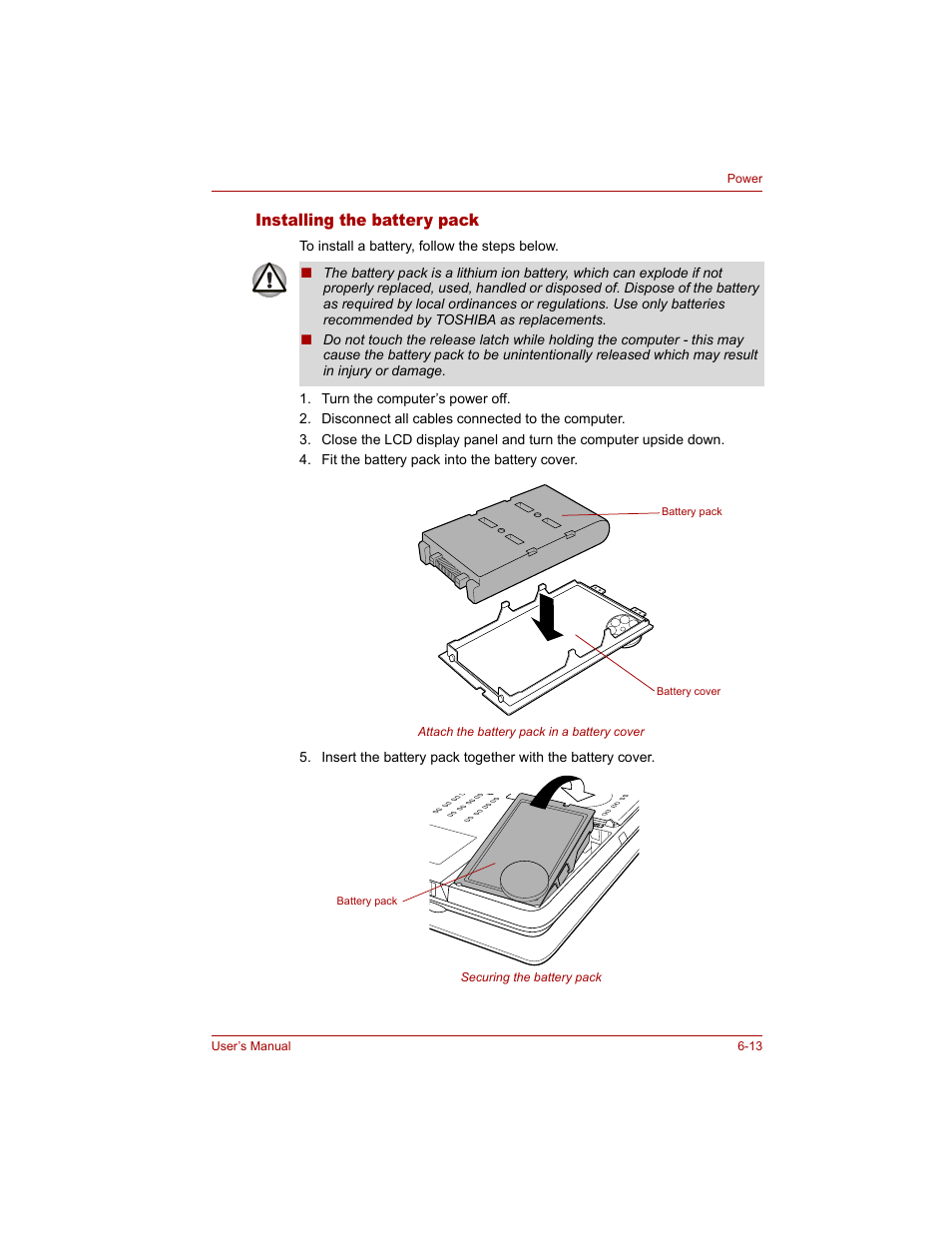 Installing the battery pack, Installing the battery pack -13 | Toshiba Qosmio G20 (PQG20) User Manual | Page 121 / 264