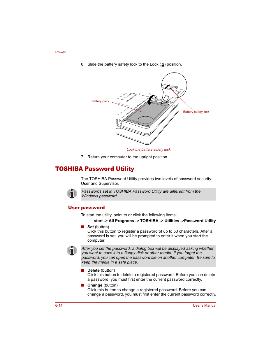 Toshiba password utility, User password, Toshiba password utility -14 | User password -14 | Toshiba Qosmio G20 (PQG20) User Manual | Page 122 / 264