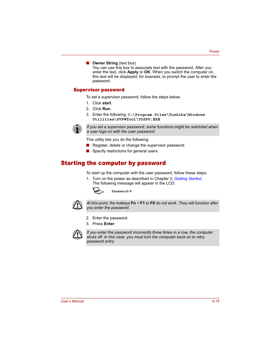 Supervisor password, Starting the computer by password, Supervisor password -15 | Starting the computer by password -15 | Toshiba Qosmio G20 (PQG20) User Manual | Page 123 / 264