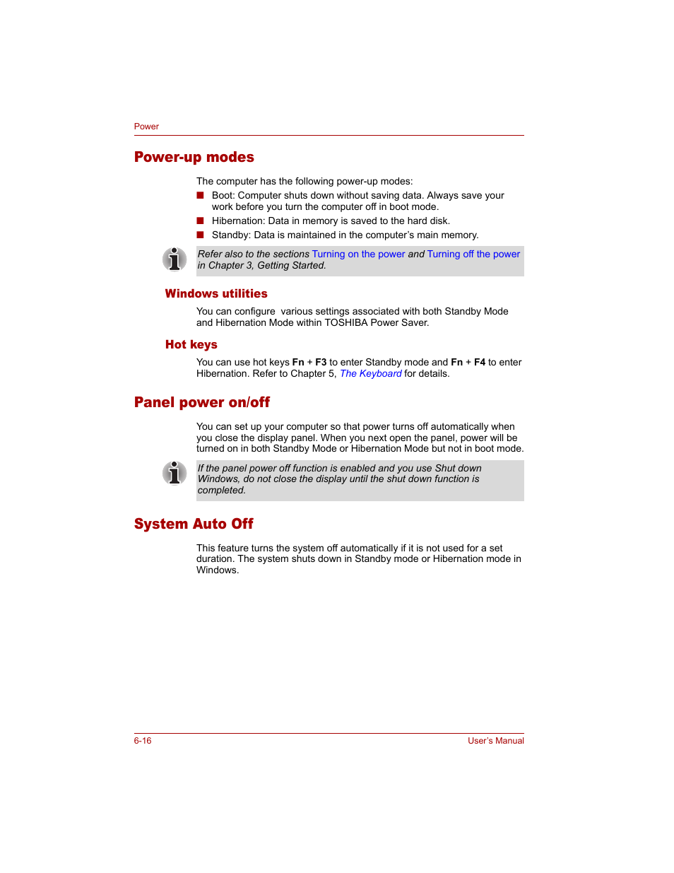 Power-up modes, Windows utilities, Hot keys | Panel power on/off, System auto off, Power-up modes -16, Windows utilities -16 hot keys -16, Panel power on/off -16 system auto off -16 | Toshiba Qosmio G20 (PQG20) User Manual | Page 124 / 264