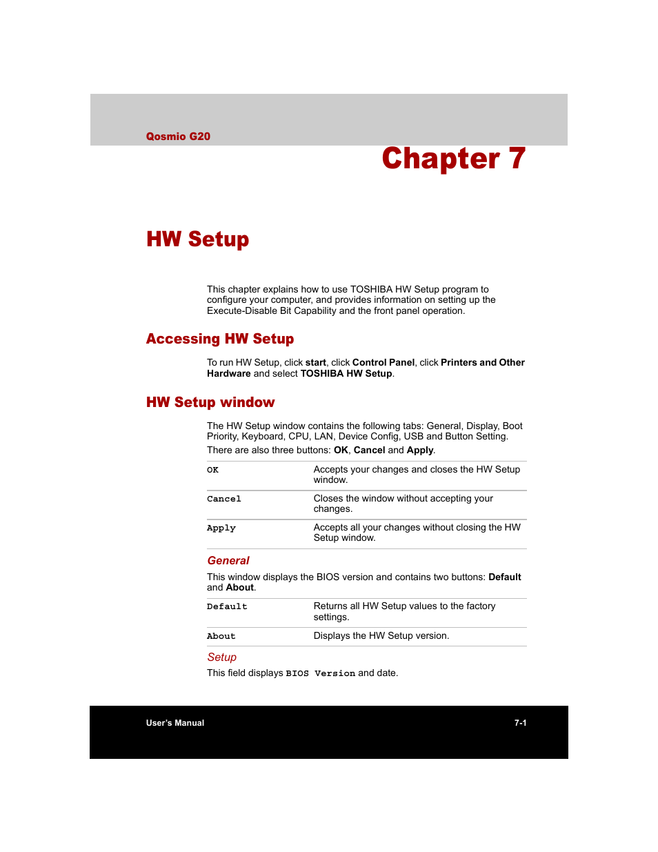 Chapter 7 - hw setup, Accessing hw setup, Hw setup window | Chapter 7, Hw setup, Accessing hw setup -1 hw setup window -1 | Toshiba Qosmio G20 (PQG20) User Manual | Page 125 / 264