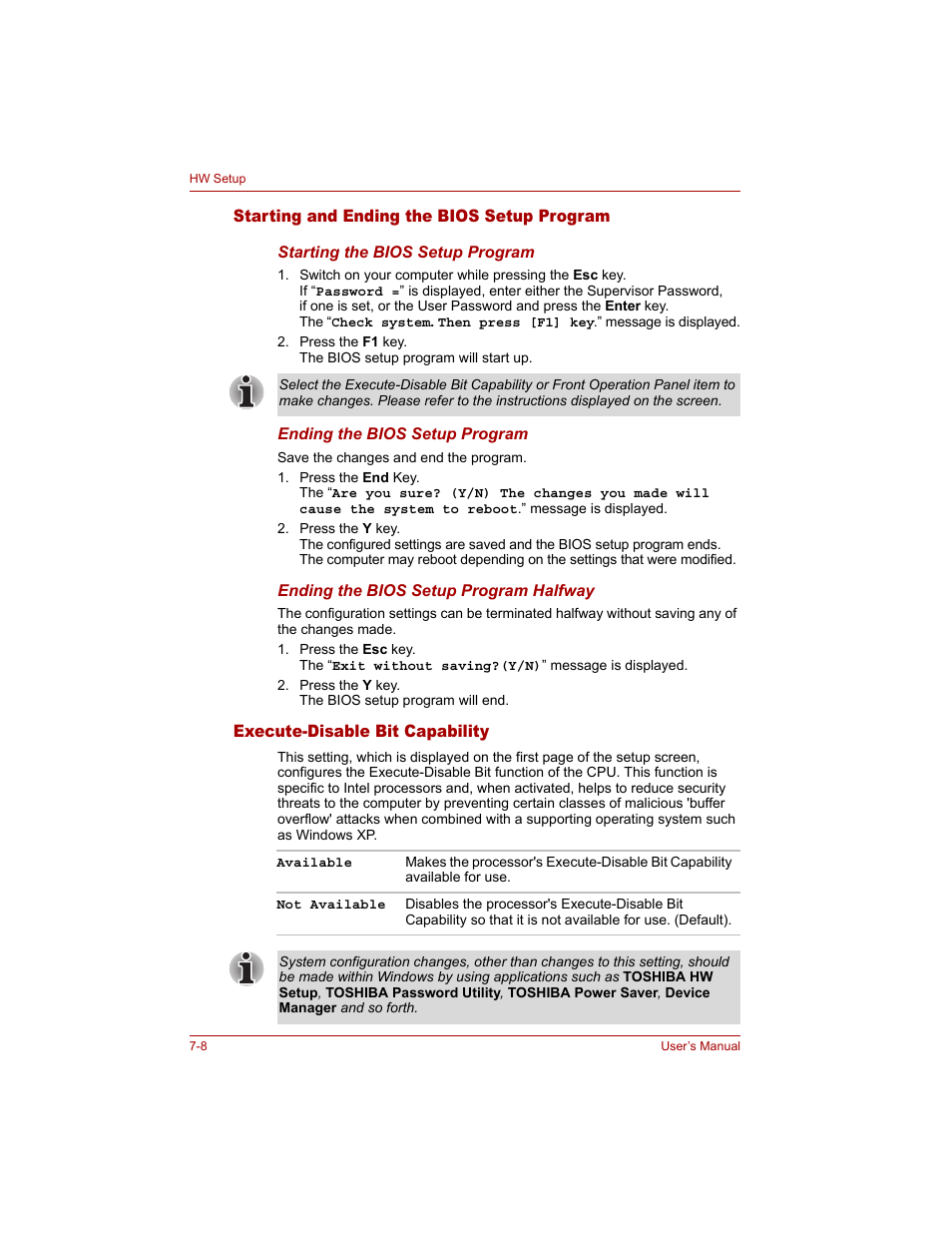 Starting and ending the bios setup program, Execute-disable bit capability | Toshiba Qosmio G20 (PQG20) User Manual | Page 132 / 264