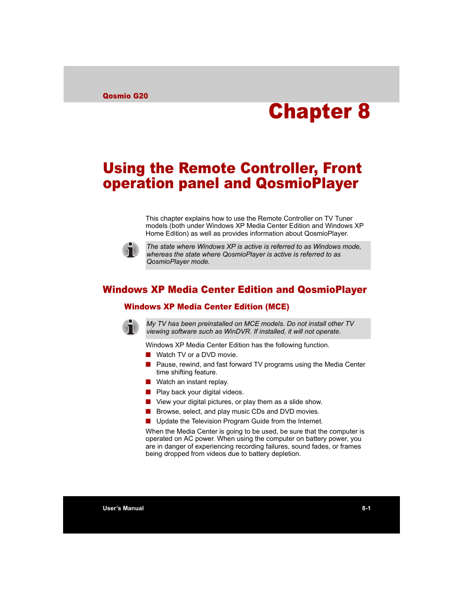 Windows xp media center edition and qosmioplayer, Windows xp media center edition (mce), Chapter 8 | Qosmioplayer, Windows xp media center edition (mce) -1 | Toshiba Qosmio G20 (PQG20) User Manual | Page 135 / 264