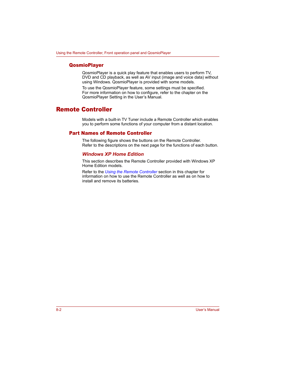 Qosmioplayer, Remote controller, Part names of remote controller | Qosmioplayer -2, Remote controller -2, Part names of remote controller -2 | Toshiba Qosmio G20 (PQG20) User Manual | Page 136 / 264