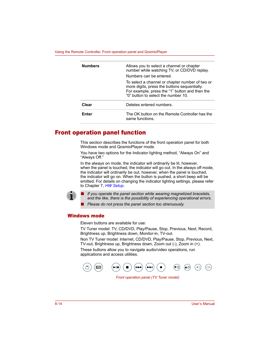 Front operation panel function, Windows mode, Front operation panel function -14 | Windows mode -14 | Toshiba Qosmio G20 (PQG20) User Manual | Page 148 / 264