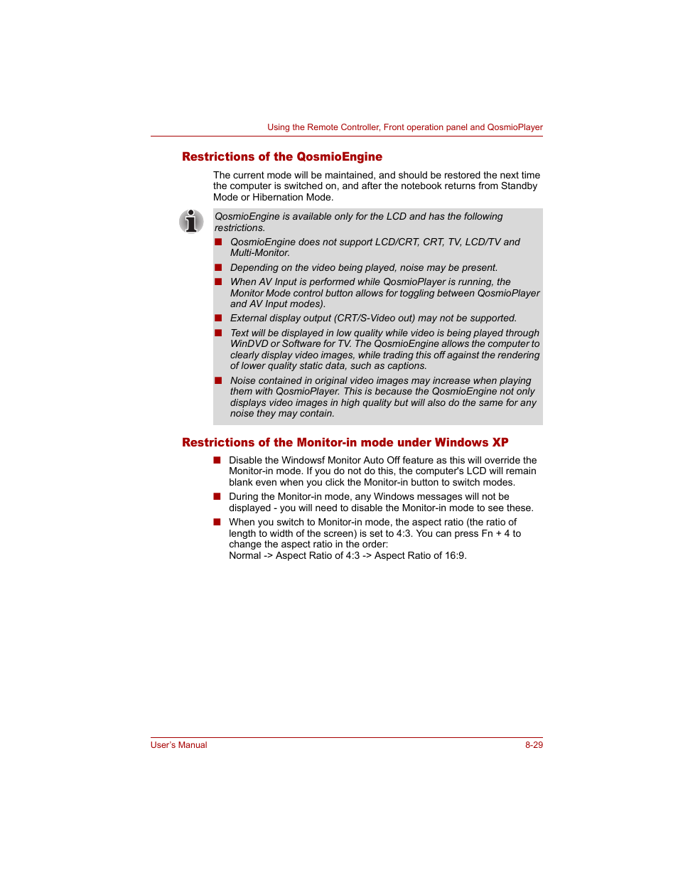 Restrictions of the qosmioengine | Toshiba Qosmio G20 (PQG20) User Manual | Page 163 / 264