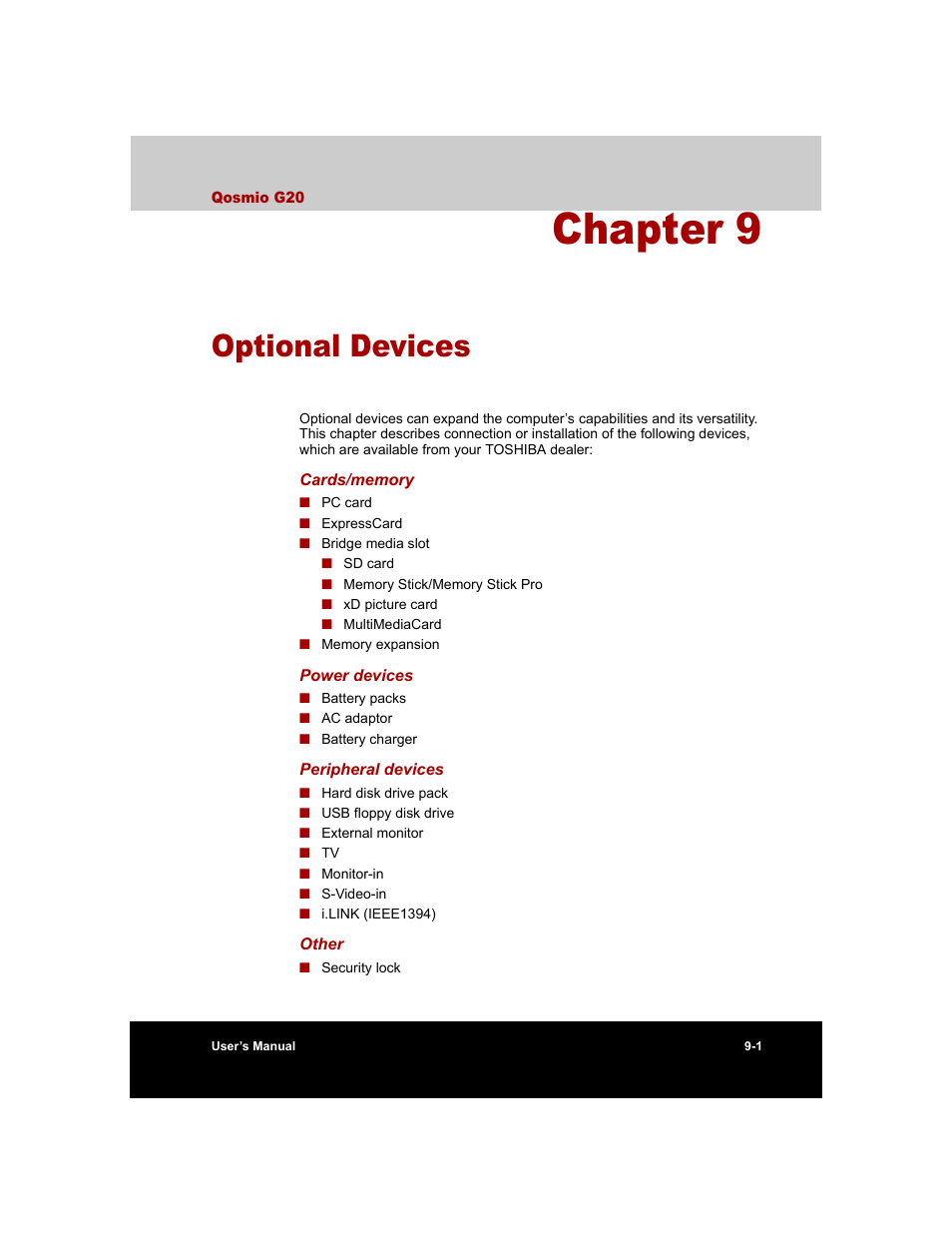 Chapter 9 - optional devices, Chapter 9, Optional devices | Ter 9, Optional, Devices, Apter 9 | Toshiba Qosmio G20 (PQG20) User Manual | Page 165 / 264