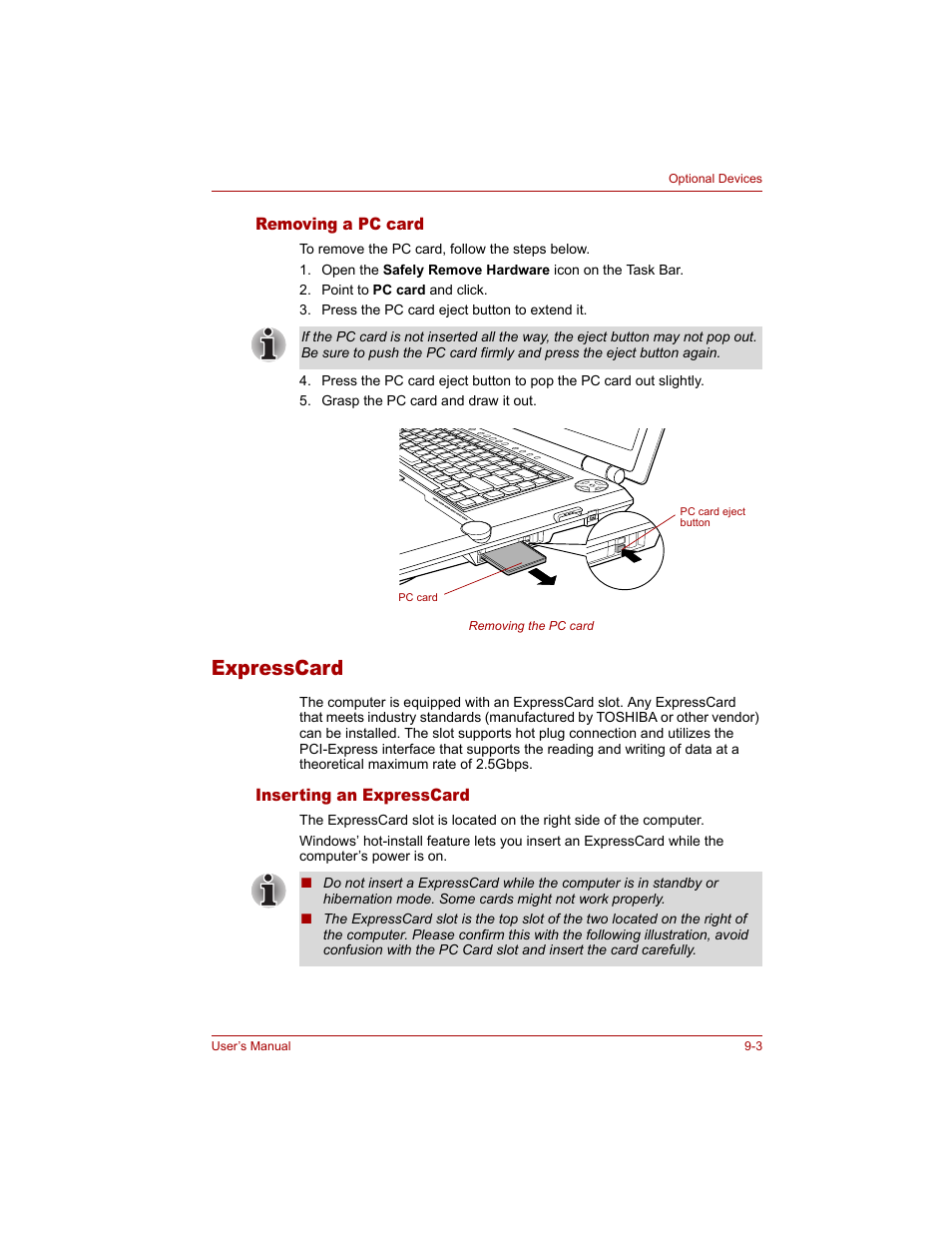 Removing a pc card, Expresscard, Inserting an expresscard | Removing a pc card -3, Expresscard -3, Inserting an expresscard -3 | Toshiba Qosmio G20 (PQG20) User Manual | Page 167 / 264