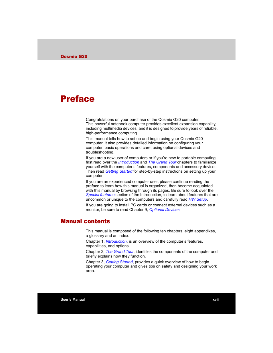 Preface, Manual contents | Toshiba Qosmio G20 (PQG20) User Manual | Page 17 / 264