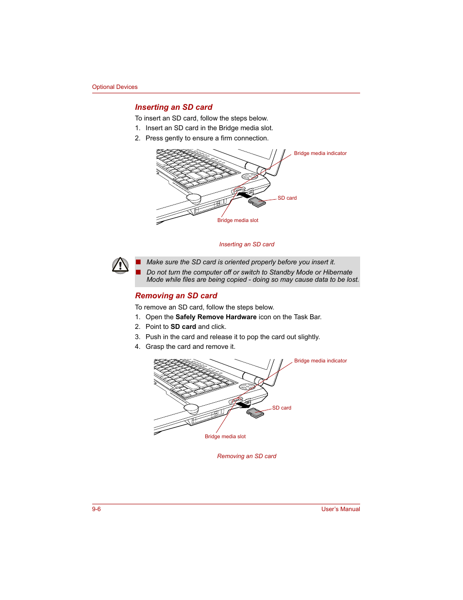 Inserting an sd card, Removing an sd card | Toshiba Qosmio G20 (PQG20) User Manual | Page 170 / 264