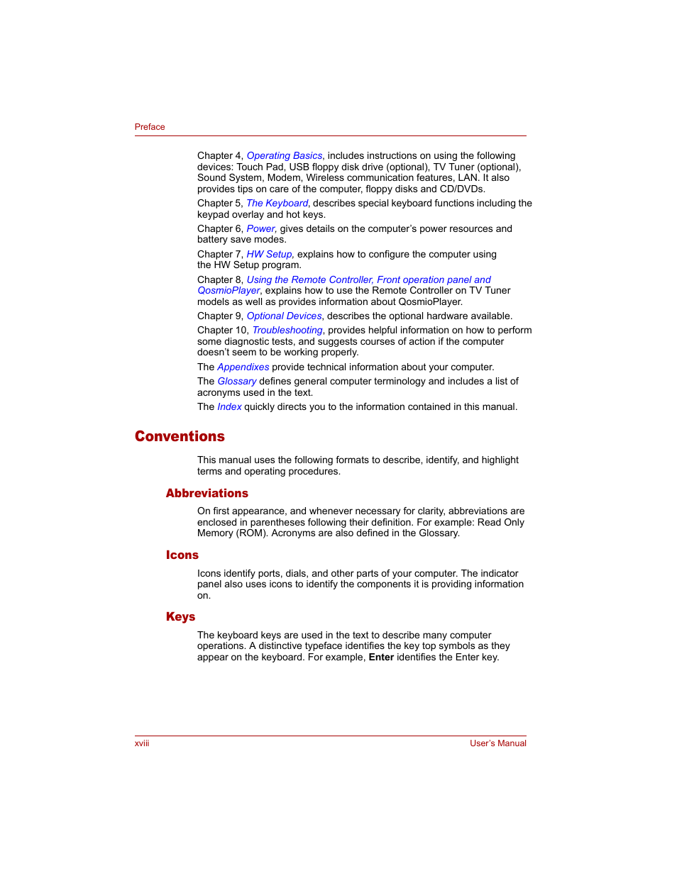 Conventions, Abbreviations, Icons | Keys | Toshiba Qosmio G20 (PQG20) User Manual | Page 18 / 264