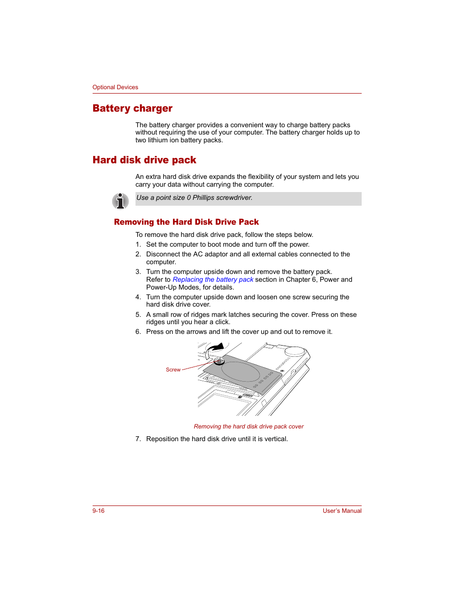 Battery charger, Hard disk drive pack, Removing the hard disk drive pack | Battery charger -16 hard disk drive pack -16, Removing the hard disk drive pack -16 | Toshiba Qosmio G20 (PQG20) User Manual | Page 180 / 264