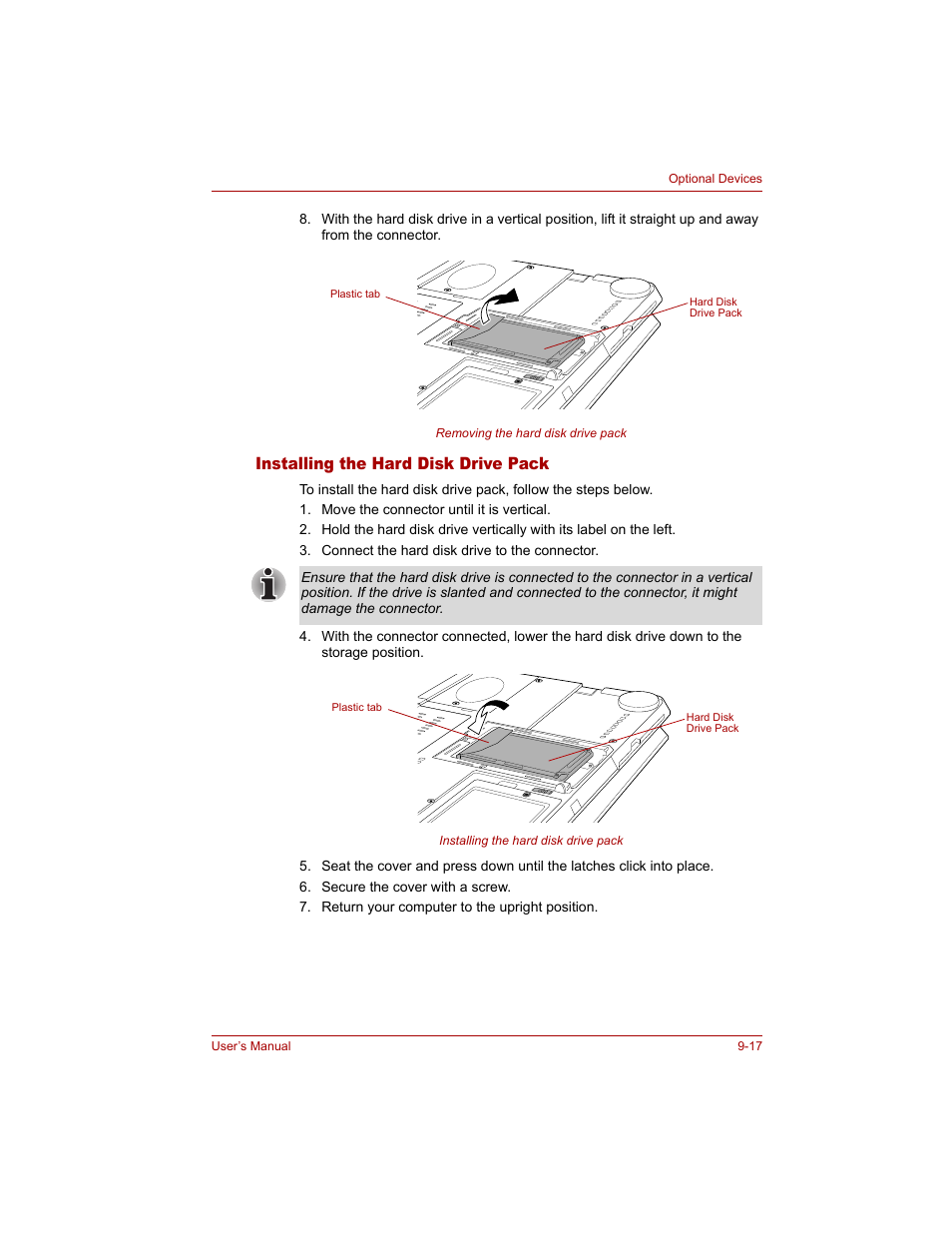 Installing the hard disk drive pack, Installing the hard disk drive pack -17 | Toshiba Qosmio G20 (PQG20) User Manual | Page 181 / 264