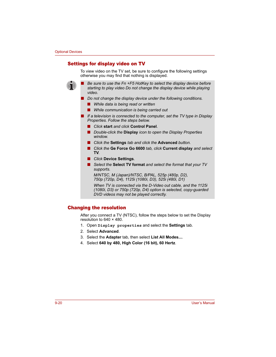 Settings for display video on tv, Changing the resolution | Toshiba Qosmio G20 (PQG20) User Manual | Page 184 / 264