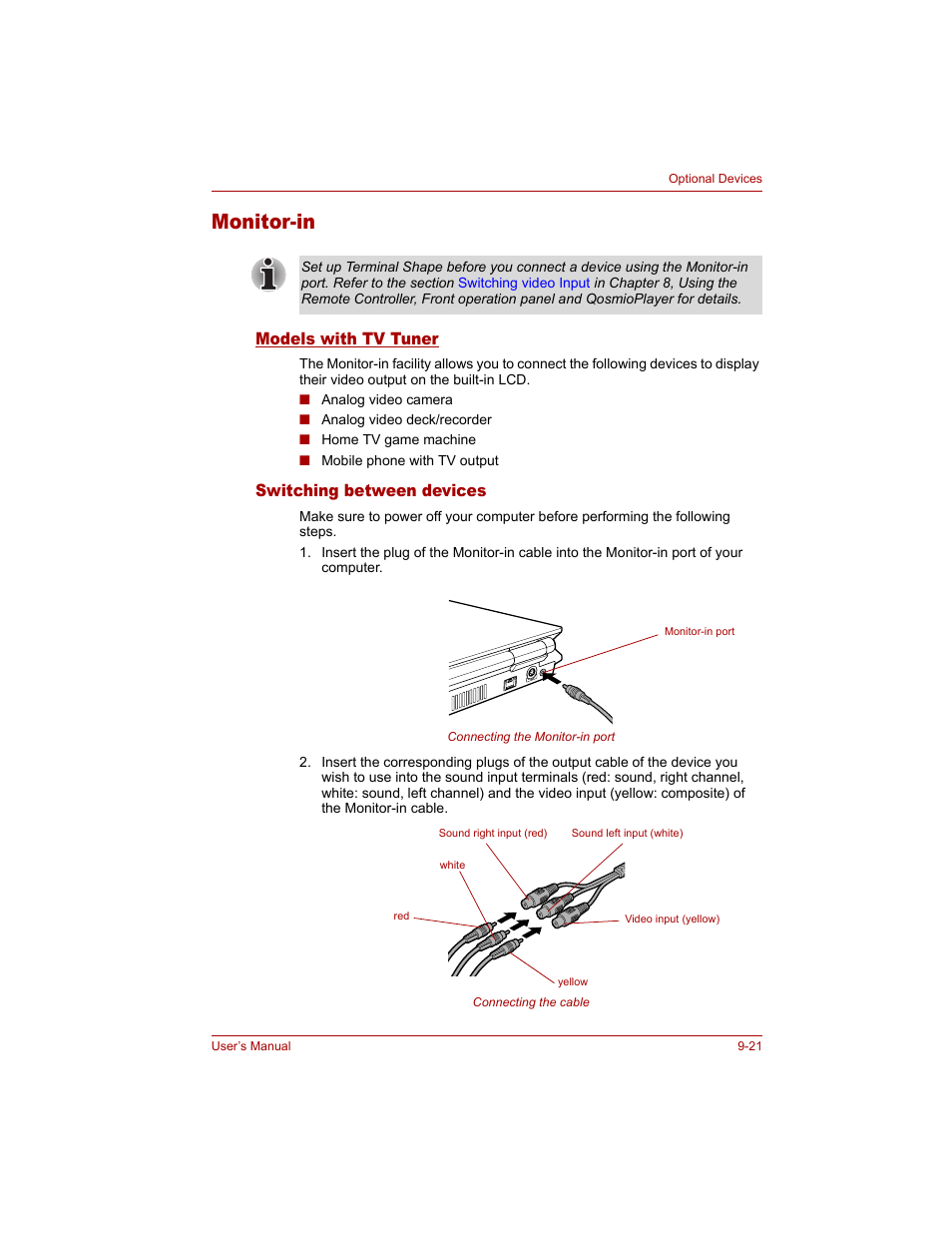 Monitor-in, Models with tv tuner, Switching between devices | Monitor-in -21, Section in | Toshiba Qosmio G20 (PQG20) User Manual | Page 185 / 264