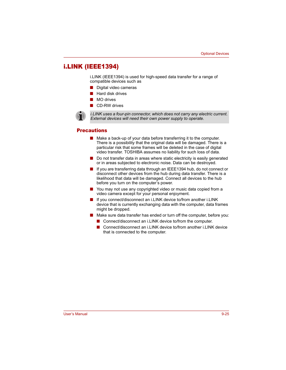 I.link (ieee1394), Precautions, I.link (ieee1394) -25 | Precautions -25 | Toshiba Qosmio G20 (PQG20) User Manual | Page 189 / 264