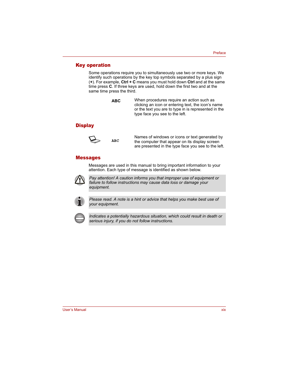 Key operation, Display, Messages | Toshiba Qosmio G20 (PQG20) User Manual | Page 19 / 264